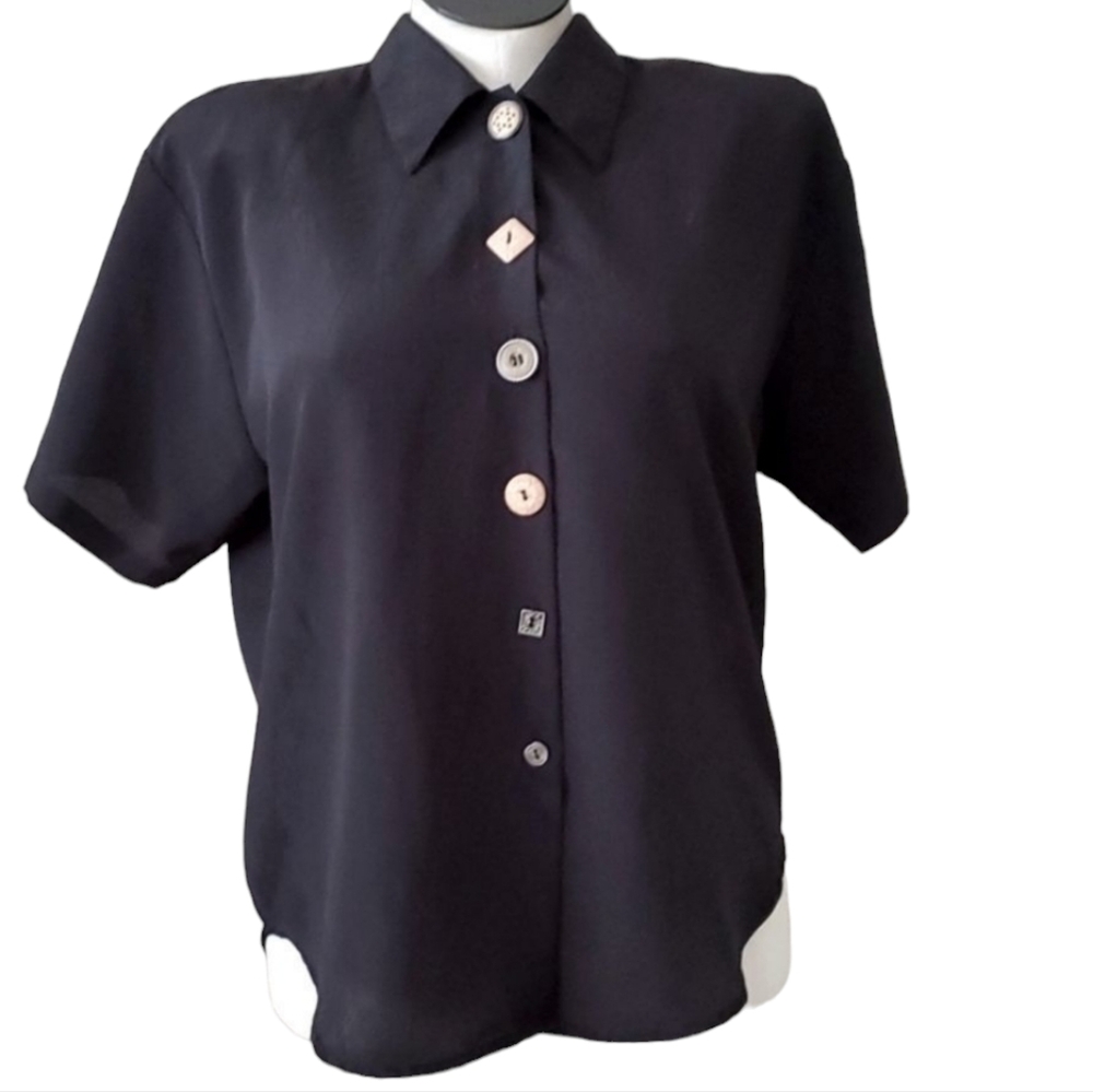 Womens Vintage 80s button down black Top 12
